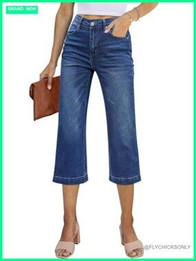 High Waisted Wide Leg Capri Jeans Stretchy Denim Loose Fit Cropped Pants